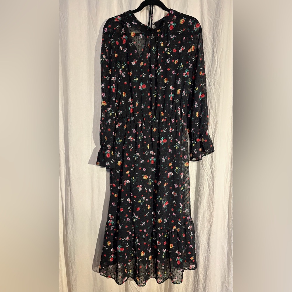Banana Republic Black Floral Long Sleeve Midi Dress with tie for the waist